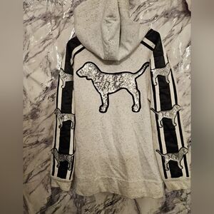 PINK Victoria's Secret Heather Gray Hoodie with Sparkling Silver Dog Accents